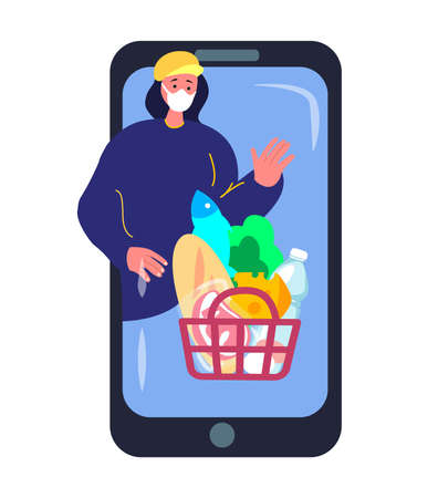 Coronavirus Epidemic Quarantine.Deliveryman Courier Deliver Basket, Goods, Food, Products.Shopping Online.Sale, Consumerism on Smartphone Mobile App. Buy at Home Survive COVID 19.Flat Vector Illustrationのイラスト素材