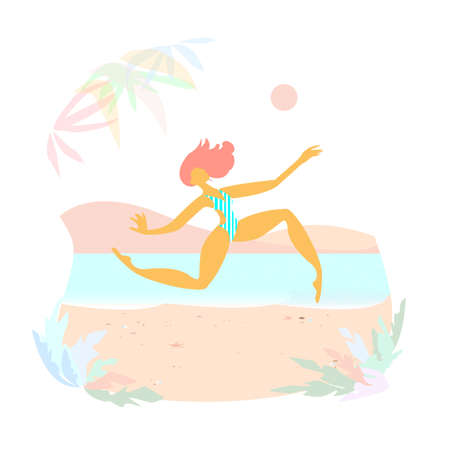 Fllying girl on the beach feels freedom of relaxation being on the vacation. Flat vector illustrationのイラスト素材