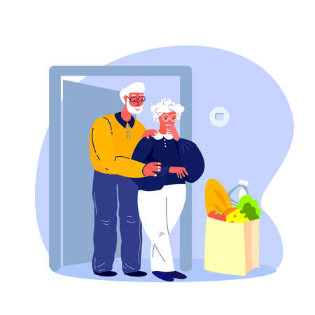 Retired Couple Old Woman Receive Contactless Delivery Food.Meal Products Donation Supply for Aged Pensioners.Home Shopping.Buy, Receive Parcel.Assistance Coronavirus Quarantine.Flat Vector Illustrationのイラスト素材