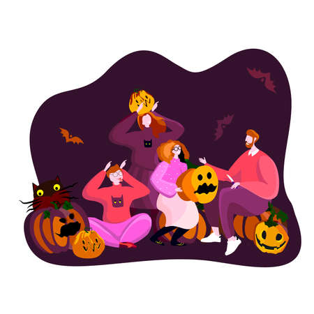 Bright halloween greeting card. Creative colorful invitation to All Saints' Day party. Funny friends, ghosts, evil pumpkins and bat celebrating. Allhallows elements. Template for halloween partyのイラスト素材