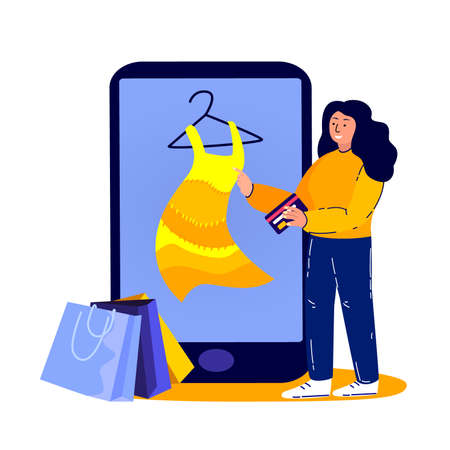 Online Shopping.Adult Young Woman Order and Buy Clothes, Dress Online.New Wardrobe.Consumption.Smartphonre Digital Internet Market Shop.Client Consumer Purchase Textile Product.Flat Vector Illustrationのイラスト素材