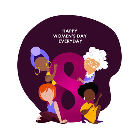 International Woman Day.Feminism concept.Different Nationality Girls and Old Elderly Lady Together with Eighth of March.Free Confident Women.Feminine ideas, Female Empowerment.Flat vector illustrationのイラスト素材