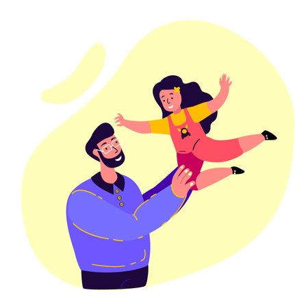 Happy Adult Smiling Father and Laughing Daughter Playing.Young Parent Protection.Girl Having Fun with Dad.Cheerful Child Kid. Caring Supporting Papa. Family Relatives Together. Flat Vector Illustrationのイラスト素材