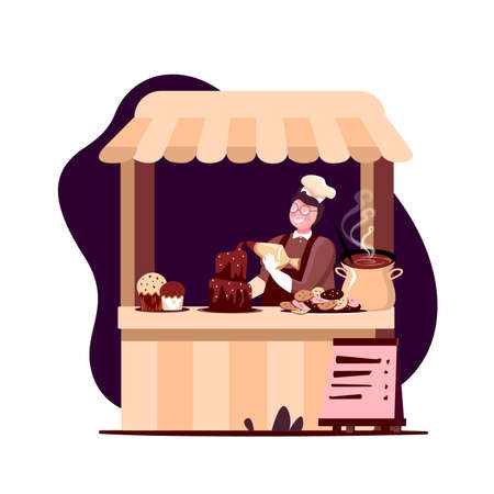 Cute friendly confectioner boy glazing a cake inviting customers to his bakery fair shop to taste sweet products. Small business shop start up. Hot chocolate and cupcakes stall. Vector flat illustratのイラスト素材