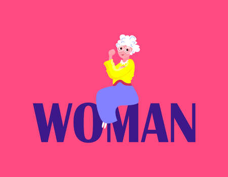 International Woman Day.Feminism concept.Elderly Old Lady Granny, Grandmother in Glasses, Strong Fist Hand.Eight of March.Free Confident Women.Feminine idea, Female Empowerment.Flat vector illustrationのイラスト素材