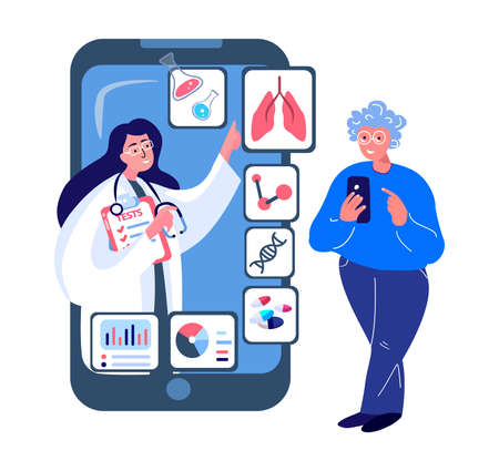 Old Aged Elderly Pensioner Woman, Communicate with Virologist Doctor. Medical Hospital.Internet Online Consultation. Smartphone Hospital Treatment. Digital Family Help Service. Flat Vector Illustrationのイラスト素材