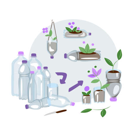 Upcycling plastic bottles cutting utilized jar to plant seedling and flowers. Potting creation. Vertical gardening. Illustration of recycling and reutilization. Reducing waste Flat vector illustrationのイラスト素材
