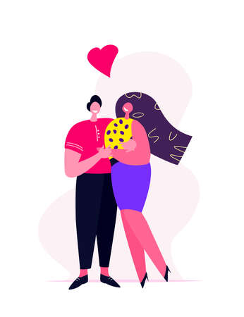 Loving Couple of Man and Woman Holding Hands Hugging. Happy Lover Relationship Anniversary Dating, Lifestyle.Valentine's Day.Romantic Connection Feelings Emotions Romance Love.Flat Vector Illustrationのイラスト素材
