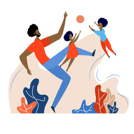 Fathers Day greeting card. Happy father playing with his children. Flat vector illustrationのイラスト素材