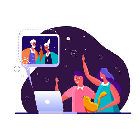 Grandchildren, being home facing their grandparents inside the computer, communicating each other using the internet through video. Conversation and talking online concept. Flat vector illustrationのイラスト素材