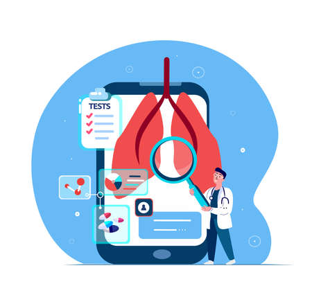 Online Doctor Pulmonologist Diagnosing Airways, Lungs Disease, Pneumonia Treatment.Mobile Application.Diagnostic Symptom, Consultation.Smartphone Medical Hospital.Digital Service.Flat Vector Illustrationのイラスト素材