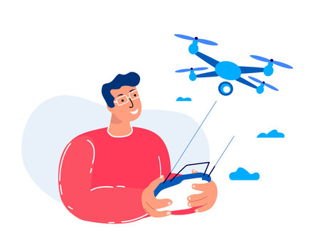 Young Man Fly Drone Equipment.Remotely Control Digital Device.Flying Robot.Engineering Mechanism...