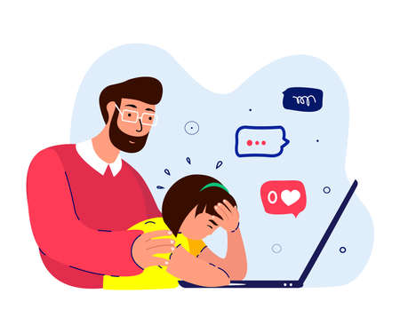 Father Hug Support, Maintain Disappointed Depressed Daughter.Teenager Girl, No Zero Like, Dislike.Worried, Sad Anxited Frustrated.Upset Stressed Adolescent.Dad Protect Teen Child.Flat Vector Illustrationのイラスト素材