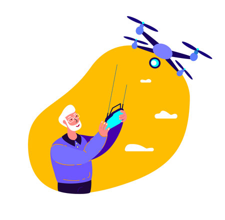 Retired Old Pensioner Man Flying Drone Equipment.Remotely Control Digital Device.Flying Robot.Engineering Mechanism Airscrew.Remotely Piloted Flying Aircraft.Development Experiment.Vector Illustrationのイラスト素材