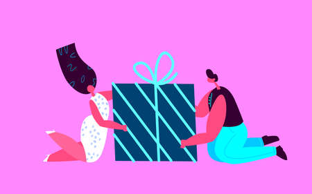 Happy Festive Woman, Man Friends, Loving Romantic Couple Giving Present for Christmas New Year Holidays.Birthday People Holding Gift Boxes.Congratulation Celebration Shopping.Purchases Flat Illustrationのイラスト素材
