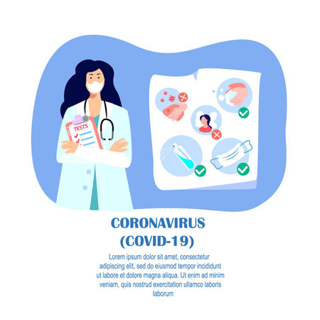 Coronavirus Epidemic.Novel COVID 2019-nCoV, Doctor Woman in Medical Face Mask, Tests.Prevention Measures Advice on Quarantine. Antiseptic, Disinfecting, Vitamins, Medicines, Drugs. Flat Vector illustrationのイラスト素材