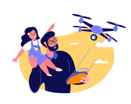 Happy Smiling Father, Daughter Flying Drone.Fathers Day. Parent, Baby Girl Sit on Dad Shoulders....