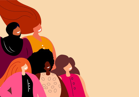 International Women's Day.Multi-Ethnic Women.A Group of Beautiful Women with different beauty, Hair, Skin Color.The Femininity concept, Diversity, Independence, Equality. Struggle for freedom Illustrationのイラスト素材