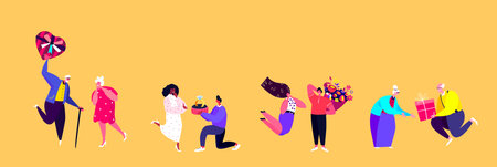 St Valentine Day Greeting Card.Young, Elderly Couples Celebrate Holiday.Men give a Bouquets of...