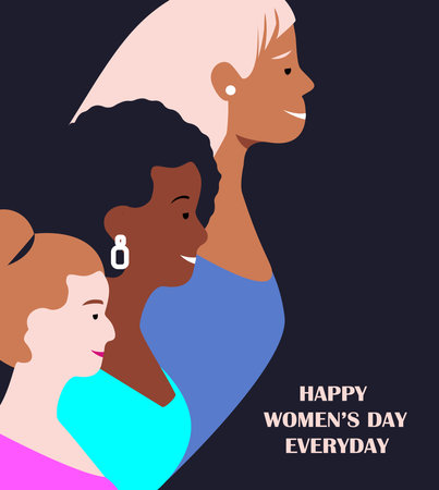 Happy International Woman Day.Feminism concept.Bright Beautiful Different Girls Face Poster.Eighth of March Congratulation.Broadsheet Free Confident Women.Feminine idea, Female Empowerment Illustrationのイラスト素材