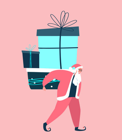 Merry Christmas and Happy Holidays. Santa Claus Holding Huge Festive Boxes of Presents.Fairy Gifts. Festive Winter Holidays. Xmas Greeting Congratulation Card. New Year Cartoon Flat Vector Illustrationのイラスト素材