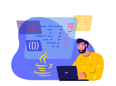 Man Developer Programmer Working on Web Development in Virtual Program, Computer Laptop Script...