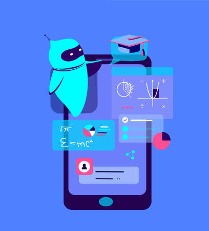 Teacher Cyber Robot Bot.Artificial Intelligence.Coach Help Pupil, Internet.Smartphone School Application, Remote Education.Online Digital Lesson Tutorial.Mobile Screen.Home Learning.Vector Illustrationのイラスト素材