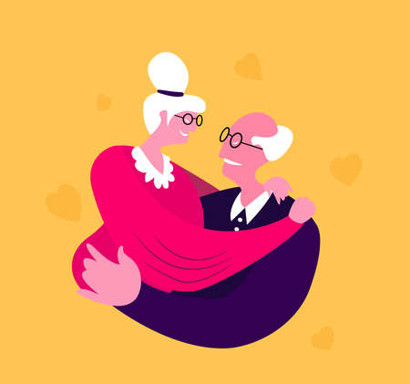 Senior Married Couple Hugging, Elderly People Active Lifestyle, Old Man and Woman in Loving, Friendly Relations Spend Time Together, Extreme Leisure. St Valentine's Day. Cartoon Flat Vector Illustrationのイラスト素材