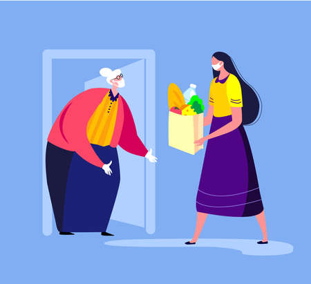 Retired Old Woman Grandmother Meet Volunteer. Young Girl Delivering Food Donation Catering Supply Aged Pensioner. Home Shopping. Receive Assistance Delivery. Coronavirus Quarantine. Vector Illustrationのイラスト素材
