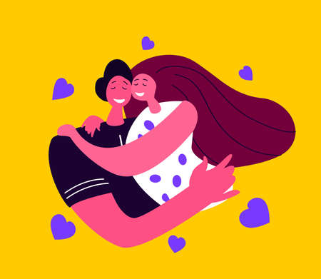 Valentine's Day.Loving Smiling Happy Couple Scene of Man and Woman Hugging.Happy Lover Relationship Anniversary Dating, Lifestyle.Romantic Connection Feelings Emotions Romance Love. Vector Illustrationのイラスト素材