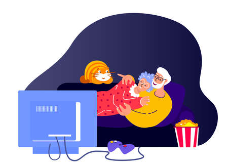 Romantic Elderly Happy Couple, Grandparents, Husband, Wife Laying on Sofa, Watching Film on TV.Family Relaxing Together.People Stay Home, Quarantine.Anniversary Old Aged Pensioner.Flat Vector Illustrationのイラスト素材