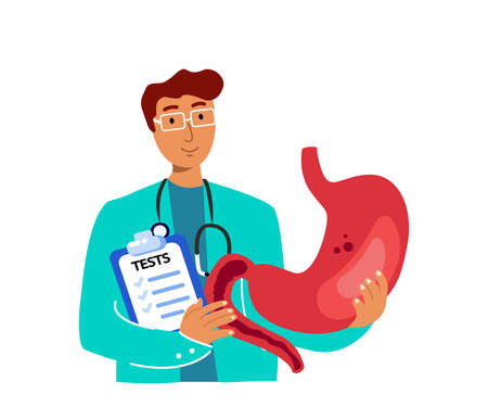 Doctor Professional Gastroenterologist Researching. Surgeon Curing Stomach Ache. Guts Pain Symptom Diagnostics Consultation. Medical Hospital, Medical Insurance Treatment, Aid Curing. Vector Illustrationのイラスト素材