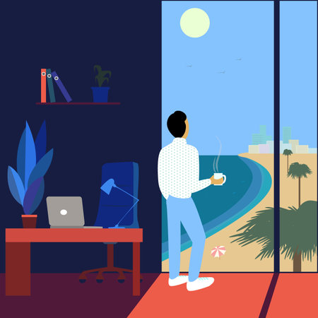 Working man dreams about vacation watching the sea-scape. Flat vector illustrationのイラスト素材