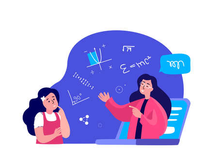 Remote Education.Online Digital Lesson Tutorial Education for Child.Teacher Coach Explain Knowledge for Pupil in Laptop.Student Study.Homework.Home Schooling.Internet Learning.Vector Flat Illustrationのイラスト素材