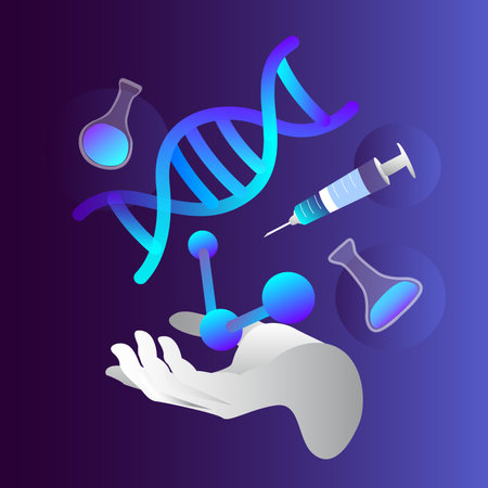 Schientific hand creating and Researching Biohacking Element Gene DNA Flask Syringe Medical Pharmaceuticals concept Biological Self improvement Health engineering hacker ethic Flat vector illustrationのイラスト素材