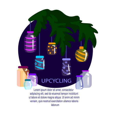 Upcycling Concept of reducing waste. Reuse of Utilized glass jars plastic bottles for Christmas fir tree decoration Creative Xmas ornaments spruce Recycling and reutilization Flat vector illustrationのイラスト素材