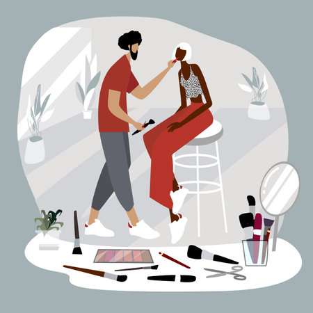 African man - make up artist applying cosmetics on dark-skinned model face using brushes. Beauty salon interior. Beauty procedures. Vector flat illustrationのイラスト素材