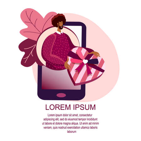 Online Shopping. African Man Holding Heart Gift Present. Send or Get Parcel, Purchase, Order in Mobile App Smartphone Screen. Valentine Day, Birthday, Holiday. Internet Post. Flat vector illustrationのイラスト素材