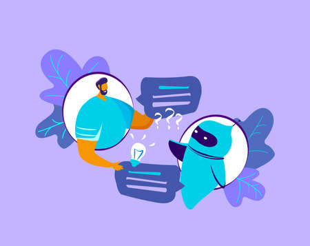 Dialog helping service Man having questions Chat with chatbot application Online Infrormation artificial Intelligence Chat bot and future marketing AI and business IOT concept Flat Vector illustrationのイラスト素材