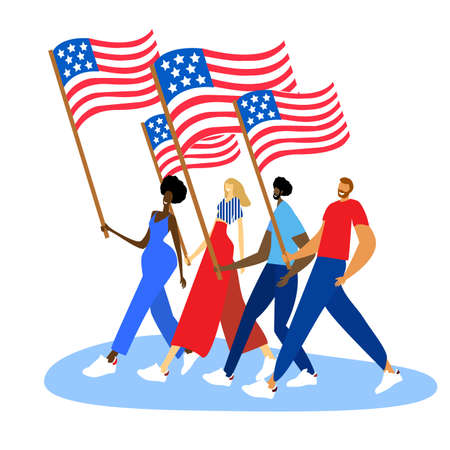 Americans carrying national flag with dignity and pride. Vector flat illustrationのイラスト素材