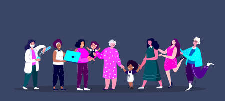 Feminism Different Women of Various Professions, Missions, Occupations.Scientist, Businesswoman, Mother, Old Pensioner Lady.Motivation poster.Feminine, Feminism, Woman Empowerment.Flat vector illustration.のイラスト素材
