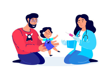 Female Pediatrician Doctor Vaccinate a Child Girl.Inoculation Concept illustration, immunity health.Father with Baby in hospital.Doctor in a medical Uniform.Flat Vector illustration on white backgroundのイラスト素材