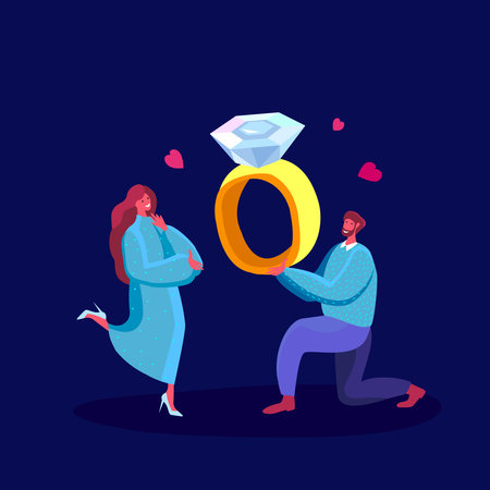 Love Engagement, Betrothal Proposal. Young Man Stand on Knee with Wedding Ring Making Offer to Woman...