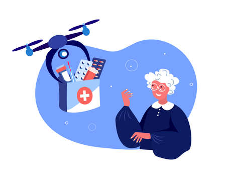 Drone Delivery.Retired Old Woman Receive Contactless Delivery First Aid Kit, Remotely Piloted Flying Aircraft.Medicament, Drugs, Remedy.Aged Pensioner.Home Shopping.Buy, Receive Parcel.Vector Illustrationのイラスト素材