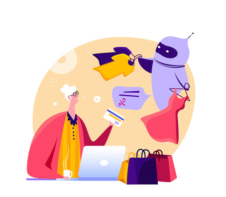 Old lady Shopping Online with help of Chatbot Cyber Robot. Sale, consumerism concept Pensioner woman grandmother using Laptop Chat bot and future marketing Dialog help service Flat vector illustrationのイラスト素材