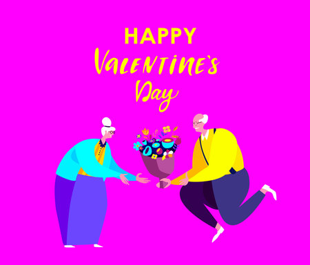 Valentine Day.Retired Pensioner Elderly Man Presenting Bouquet of Flowers to Aged Attractive Woman.Beautiful Old Romantic Smile Couple.Happy St Valentine's Day, Birthday, Dating.Flat Vector Illustrationのイラスト素材