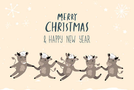 Christmas, Happy New Year Greeting Card.Cute Cartoon Bulls.Dancing Celebrating Cows Cattle.Chinese 2021 Symbol.Set of Funny Cute Holiday Animals.Design of Calendar, Cards, Advertising.Vector illustrationのイラスト素材