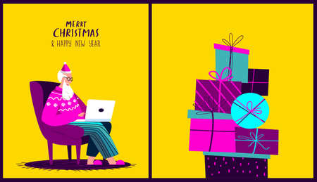 Santa Claus Sitting in Armchair with Laptop.Merry Christmas, Happy New Year.Prepare Boxes of Gifts, Presents for Children.Chatting Correspondance. Writting Wish Letter.Cosy Xmas Atmosphere Illustrationのイラスト素材