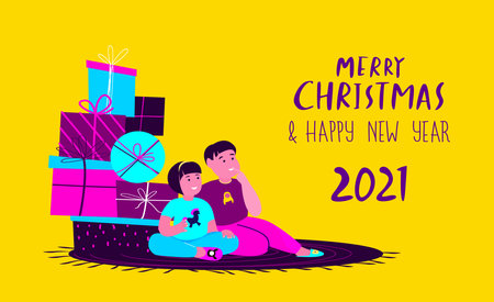 Happy Smiling Children, Girl and Boy Sitting near Bright Boxes of Presents, Festive Gifts.Merry Christmas and Happy New Year.Winter Holidays.Greeting Card.Xmas Home Atmosphere. Flat Vector Illustrationのイラスト素材