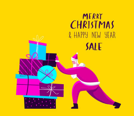 Merry Christmas and Happy Holidays.Santa Claus Holding Huge Festive Boxes of Presents.Fairy Gifts.Sale Shopping Purchase.Festive Winter Holidays.Xmas Greeting.New Year Cartoon Flat Vector Illustrationのイラスト素材